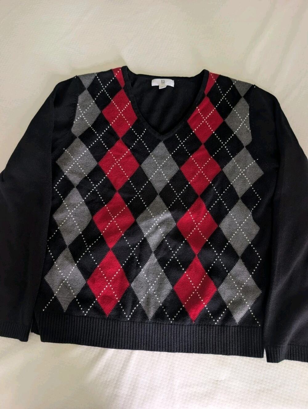 Apt.9 Sweater Women’s M Black Argyle Diamond Print V-Neck Preppy, Classic